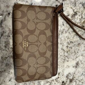Coach Brown Signature Canvas Wristlet with Gold Logo